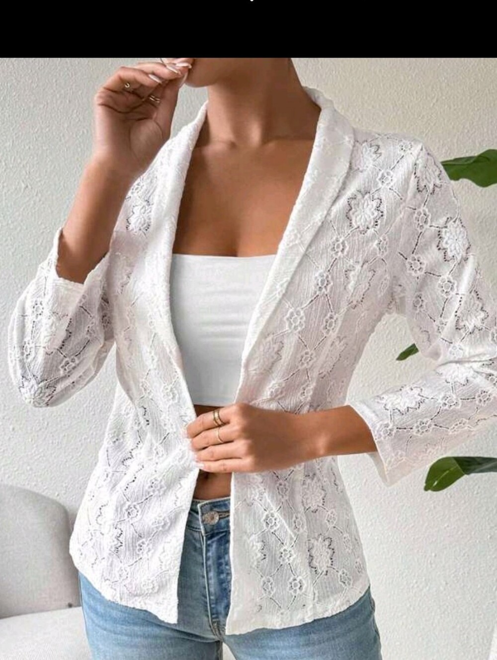 Women's White Lace Blazer - Lightweight Open Front Jacket